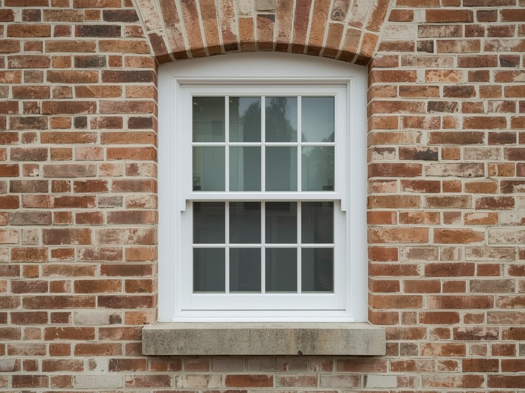 detail van slanke witte kunststof kozijnprofielen in gemetselde gevel van woning in Ter Aar