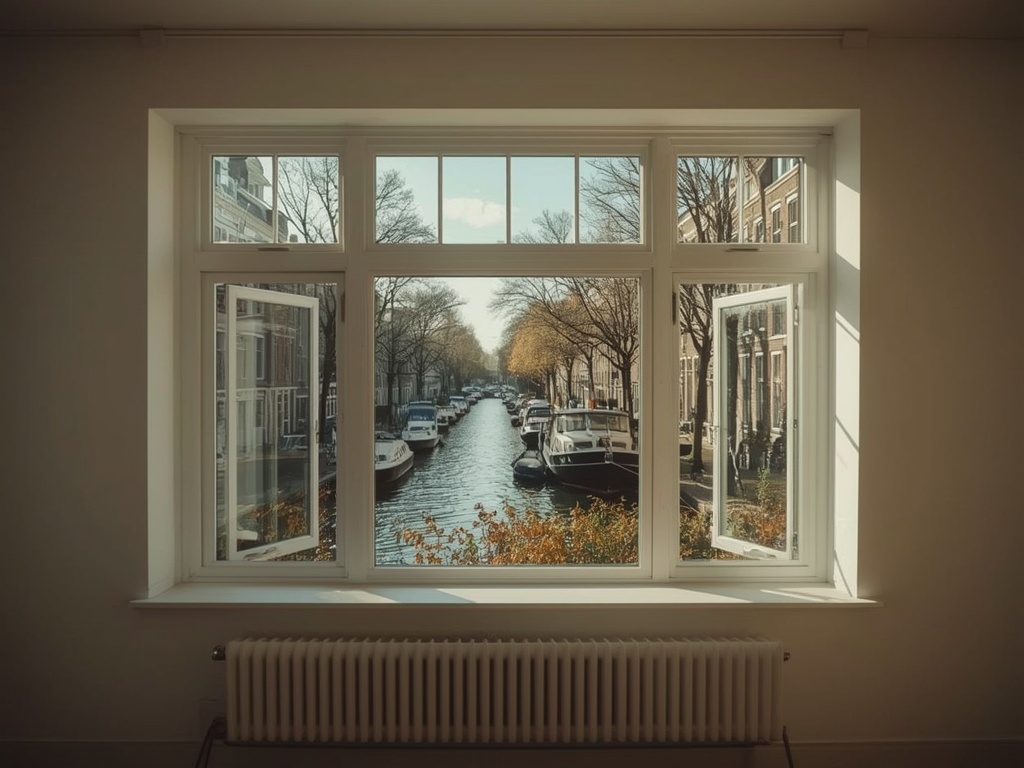 uitzicht vanuit woonkamer in Woubrugge door wit kunststof kozijn over water en bootjes
