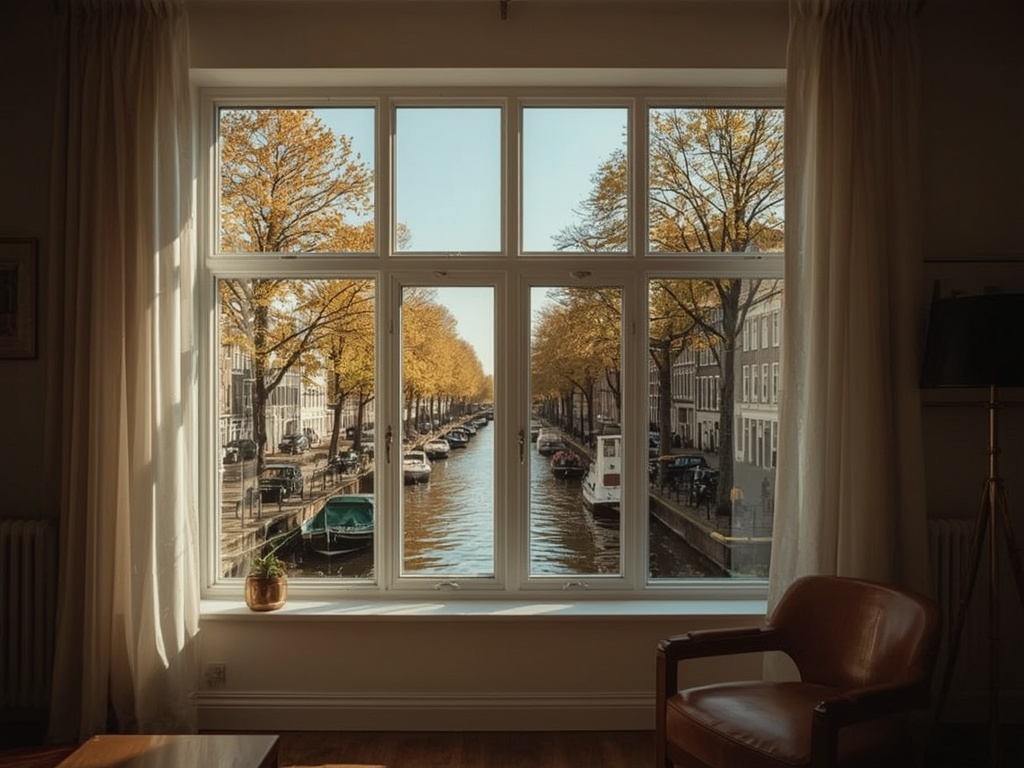 uitzicht vanuit woonkamer in Noordwijk door wit kunststof kozijn over duinen en woonstraat