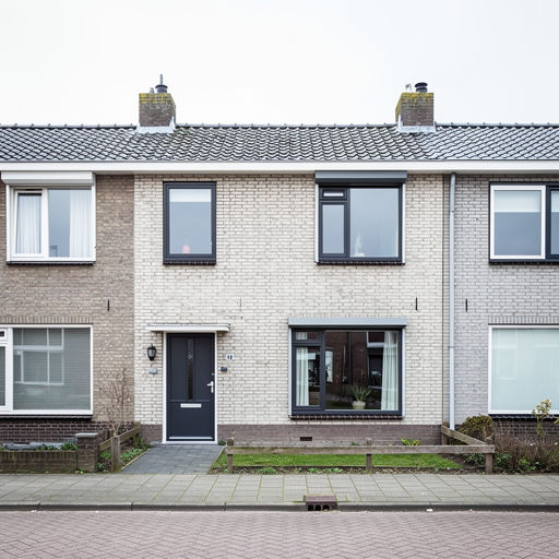 naoorlogse rijtjeswoning in Oegstgeest met antracietkleurige kunststof kozijnen aan de voorgevel