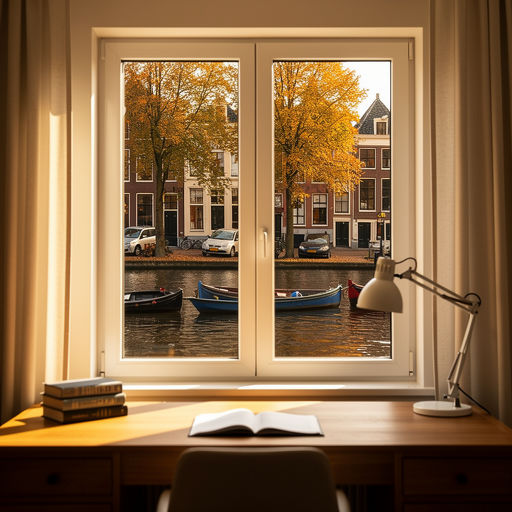 uitzicht vanuit woonkamer in Boskoop door wit kunststof kozijn over water en groen