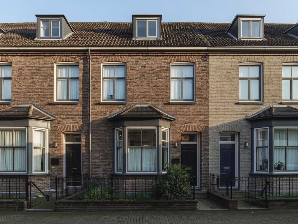 naoorlogse rijtjeswoningen in Nieuw-Vennep met antraciet kunststof kozijnen aan de voorgevel