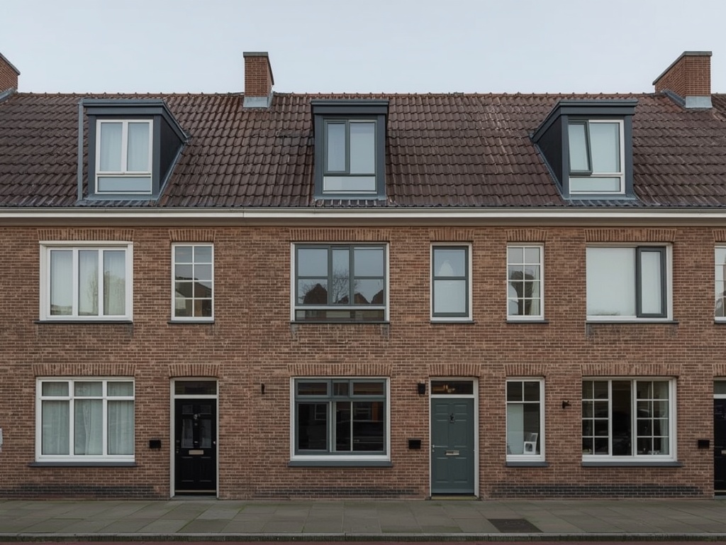 naoorlogse eengezinswoning in Katwijk met antracietkleurige kunststof kozijnen aan de voorgevel