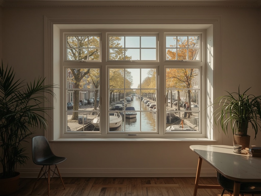 uitzicht vanuit woonkamer in Lisse door wit kunststof kozijn over woonstraat met groen