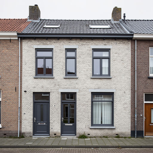 naoorlogse rijtjeswoning in Delft met antraciet kunststof kozijnen aan de voorgevel