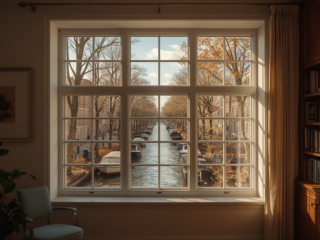 uitzicht vanuit woonkamer in Ter Aar door wit kunststof kozijn over water en groen
