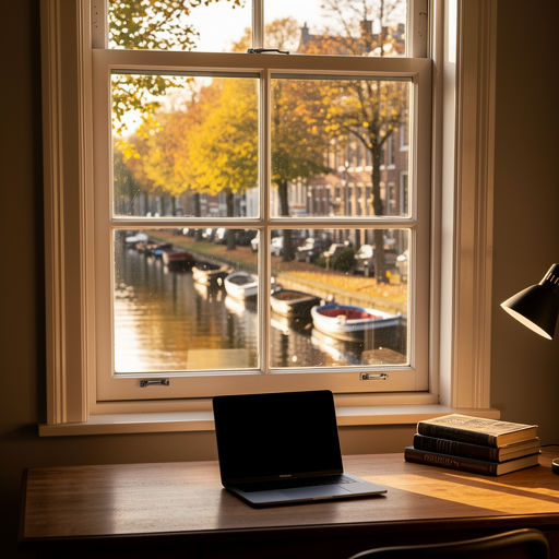uitzicht vanuit woonkamer in Den Haag door wit kunststof kozijn op groene stadstuin