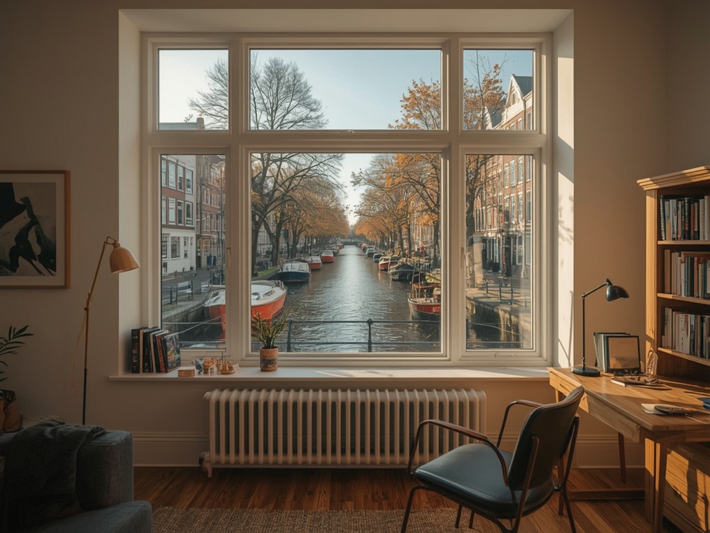 uitzicht vanuit woonkamer in Voorschoten door wit kunststof kozijn over een groene woonstraat