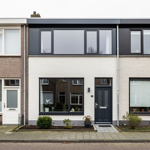 rijtjeswoning uit de jaren 70 in Rijpwetering met antracietkleurige kunststof kozijnen in de voorgevel