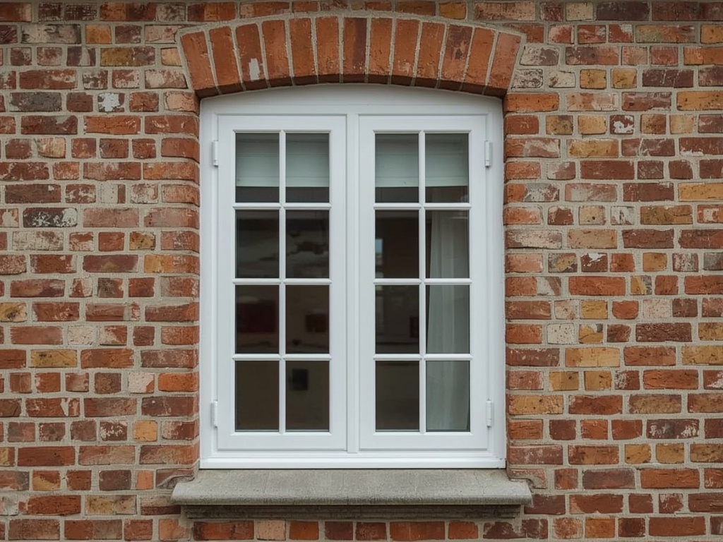detail van witte kunststof kozijnprofielen in gemetselde gevel van een woning in Leiderdorp