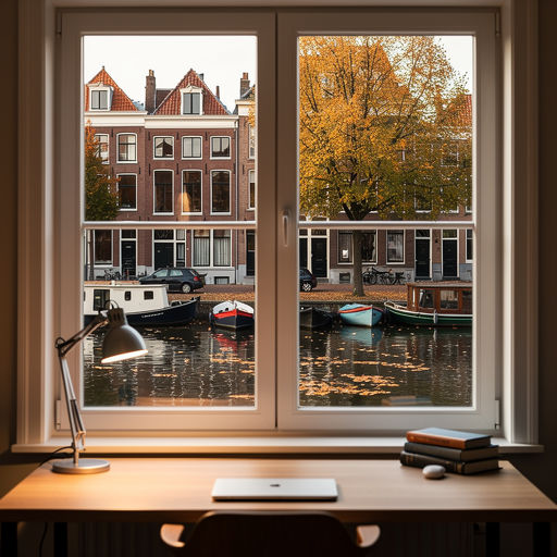uitzicht vanuit woonkamer in Hillegom door wit kunststof kozijn over rustige straat met groen