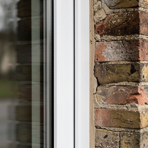 detail van slanke witte kunststof kozijnprofielen in gemetselde gevel van woning in Alphen aan den Rijn