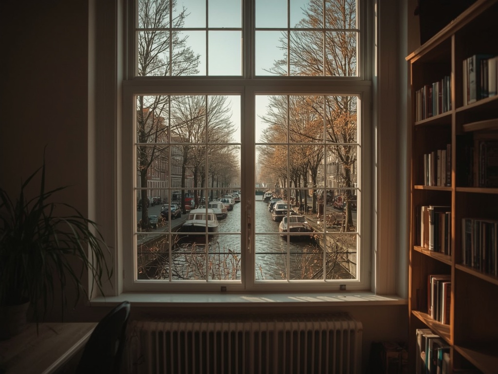 blik vanuit studeerkamer in Delft door wit kunststof kozijn over gracht met boten