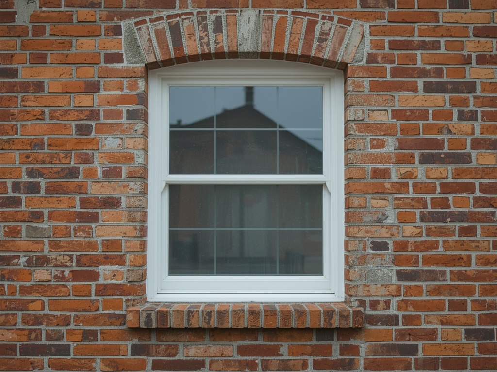 close-up slanke witte kunststof kozijnprofielen in historische gemetselde gevel Delft