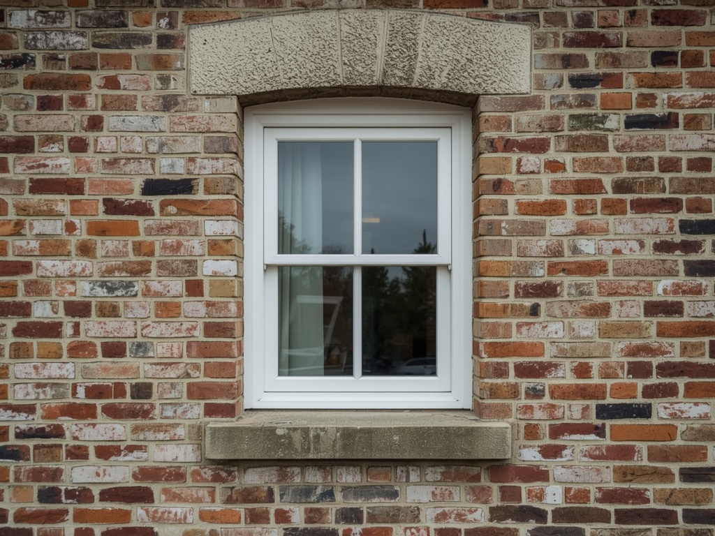 detail van slanke witte kunststof kozijnprofielen in gemetselde gevel in Woubrugge