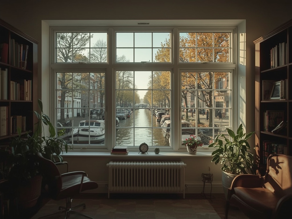 uitzicht vanuit woonkamer in Warmond door wit kunststof kozijn op water met aanlegsteigers