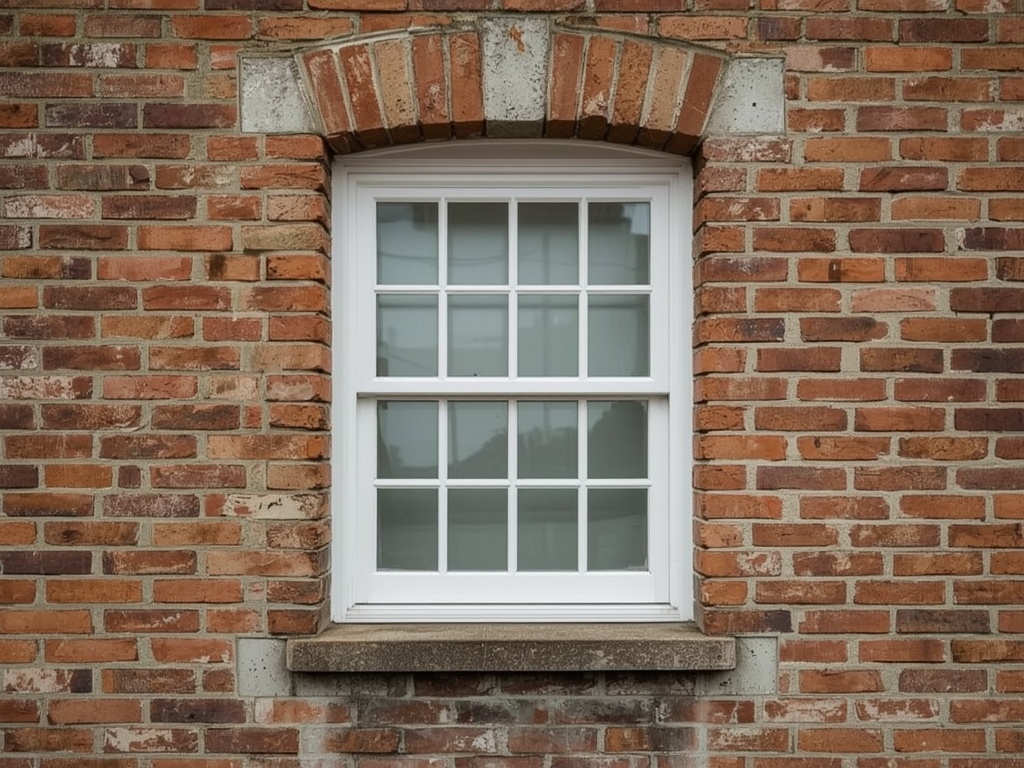 detail van slanke witte kunststof kozijnprofielen in gemetselde gevel van woning in Noordwijk