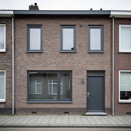 rijtjeswoning uit de jaren 70 in Woubrugge met antraciet kunststof kozijnen aan de voorzijde