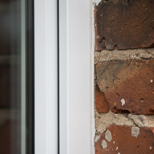 close-up van slanke witte kunststof kozijnprofielen in gemetselde gevel van woning in Sassenheim