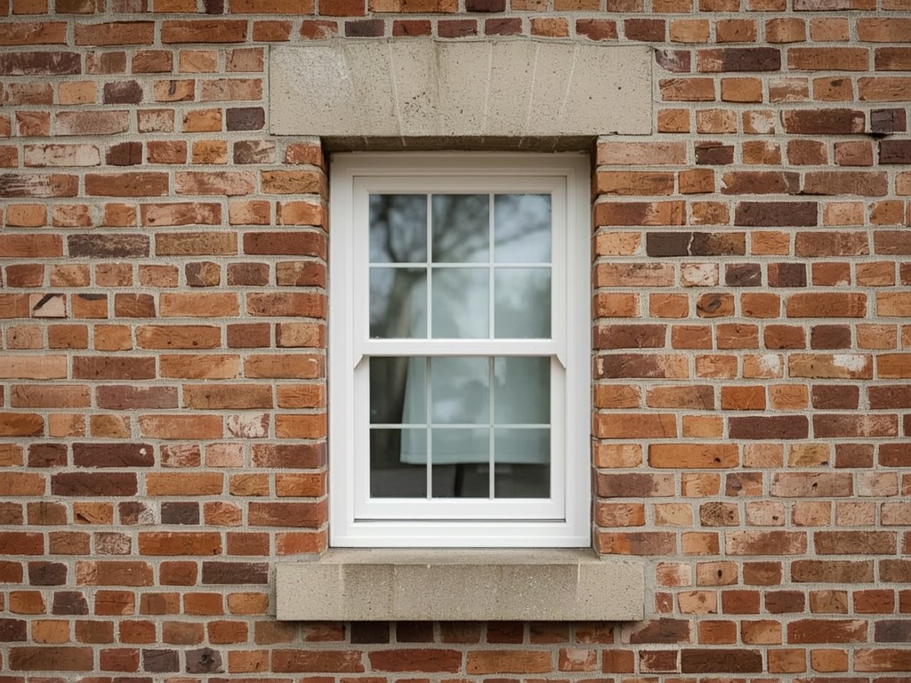 detail van slanke witte kunststof kozijnprofielen in gemetselde gevel van woning in Katwijk