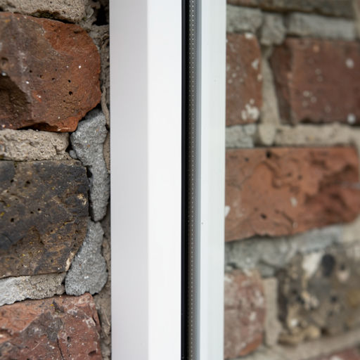 detail van slanke witte kunststof kozijnprofielen in gemetselde gevel van woning in Boskoop