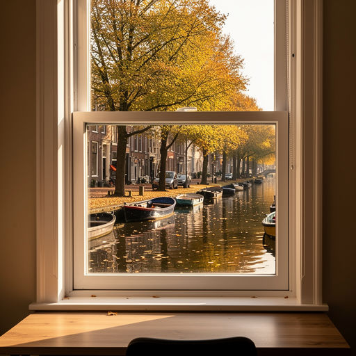 uitzicht vanuit een kamer in Noordwijkerhout door een wit kunststof kozijn over een rustige straat