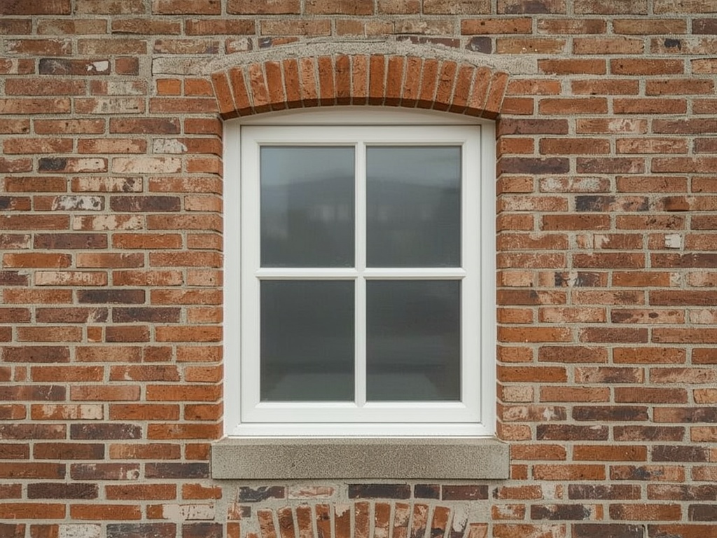 detail van slanke witte kunststof kozijnprofielen in gemetselde gevel van woning in Lisse
