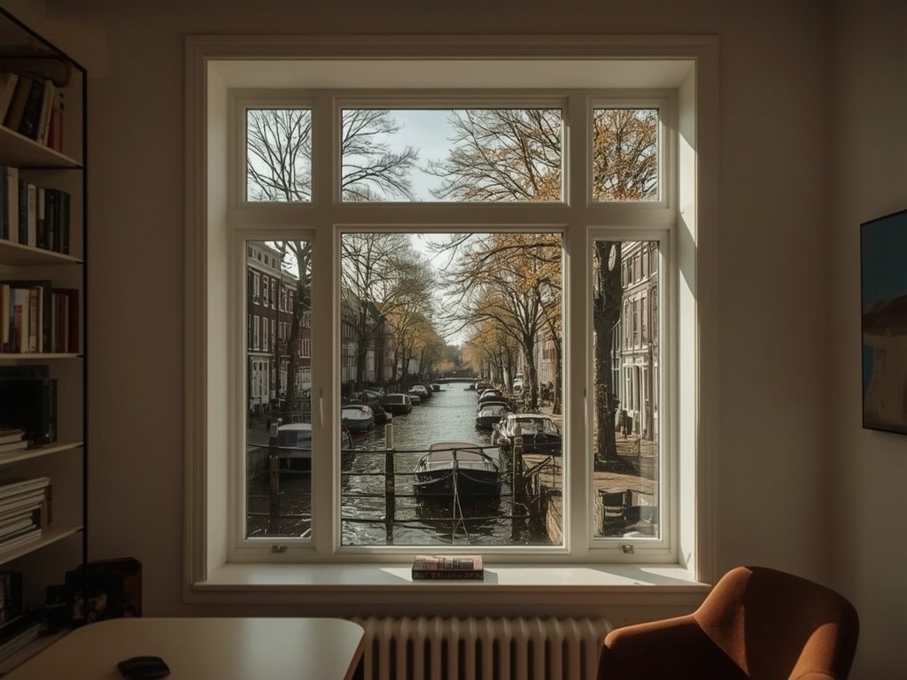 uitzicht vanuit woonkamer in Nieuw-Vennep door wit kunststof kozijn op rustige woonstraat
