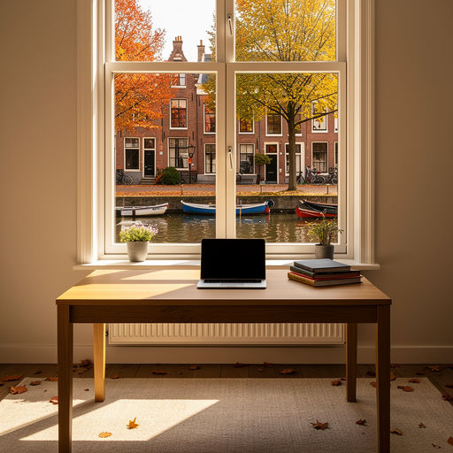 uitzicht vanuit woonkamer in Roelofarendsveen door wit kunststof kozijn over woonstraat met water