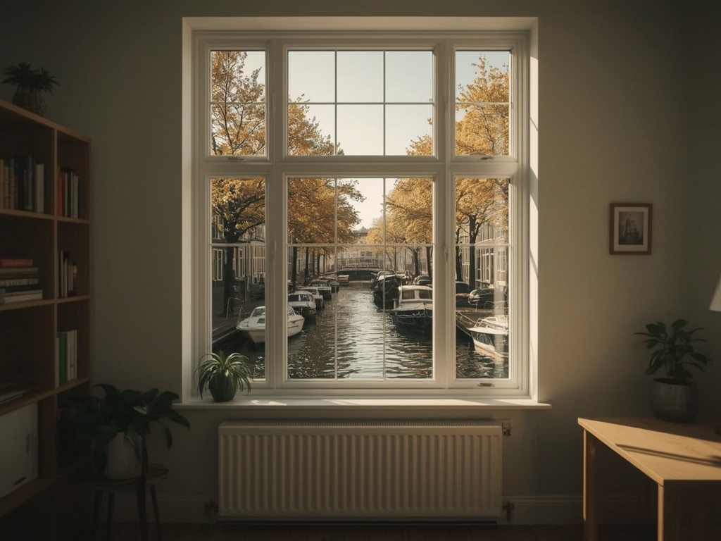 uitzicht vanuit woonkamer in Waddinxveen door wit kunststof kozijn op groene woonstraat