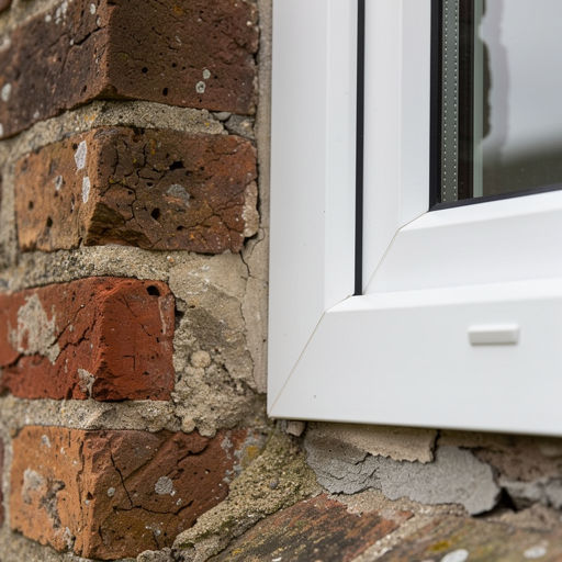 detail slanke witte kunststof kozijnprofielen in gemetselde gevel van woning in Warmond