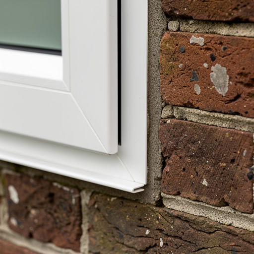 detail van slanke witte kunststof kozijnprofielen in gemetselde gevel van woonhuis in Rijpwetering