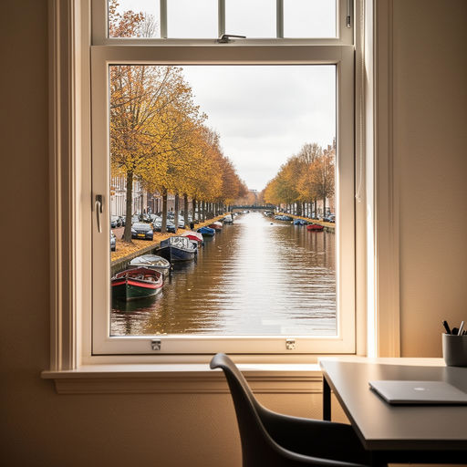 uitzicht vanuit woonkamer in Oegstgeest door wit kunststof kozijn op groene woonstraat