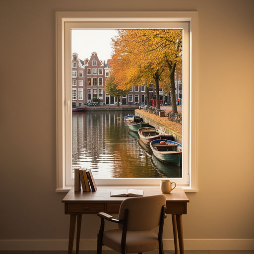 uitzicht vanuit woonkamer in Alphen aan den Rijn door wit kunststof kozijn op groenstrook en water