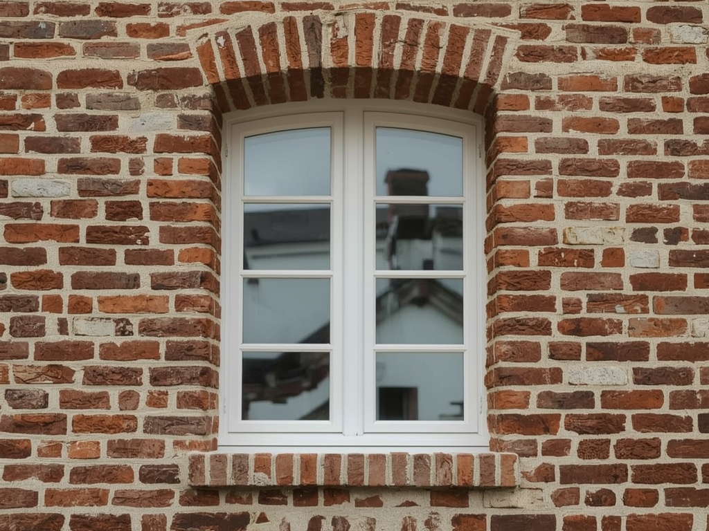 detail van witte kunststof kozijnprofielen in gemetselde gevel van jaren 70-woning in Benthuizen
