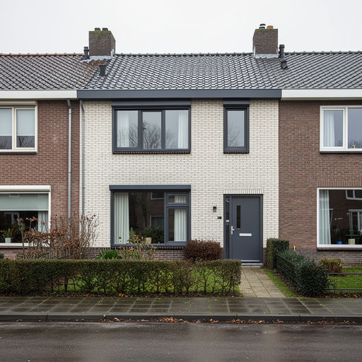 naoorlogse hoekwoning in Zoeterwoude met antracietkleurige kunststof kozijnen aan de voorgevel
