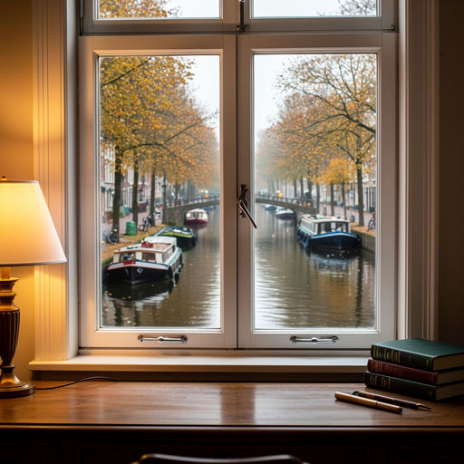 uitzicht vanuit woonkamer in Rijpwetering door wit kunststof kozijn over water en aangemeerde bootjes