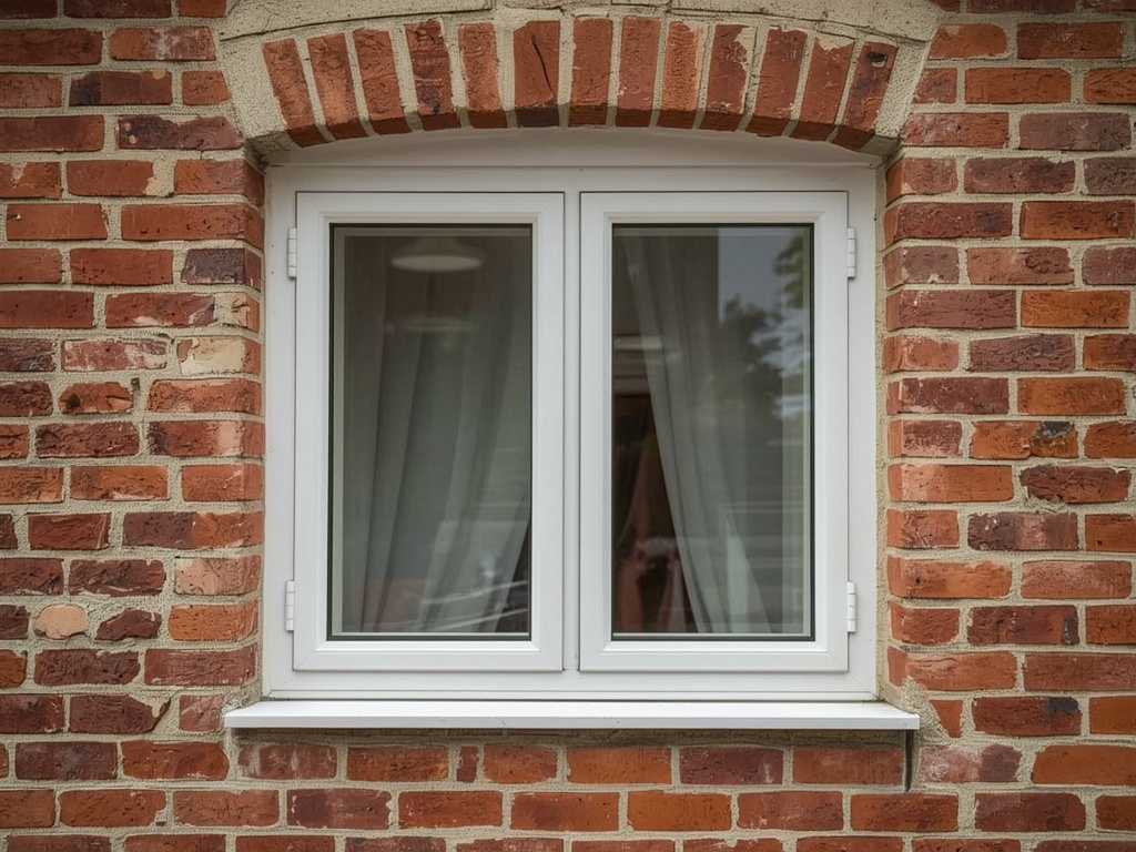 detail van witte kunststof kozijnprofielen in gemetselde gevel van een woning in Nieuw-Vennep