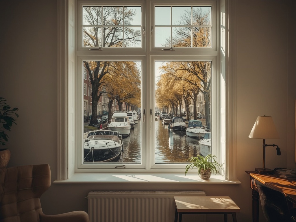 uitzicht vanuit woonkamer in Jacobswoude door wit kunststof kozijn over polderwater en weiland
