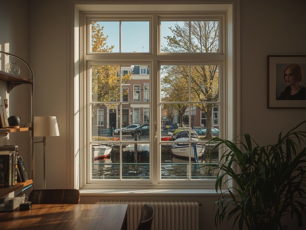 uitzicht vanuit woonkamer in Wassenaar door wit kunststof kozijn over groene tuin