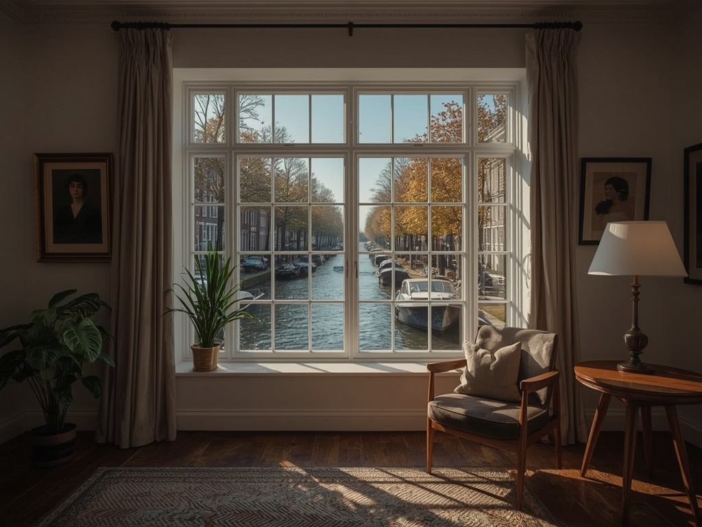 blik vanuit studeerkamer in Leiden door wit kunststof kozijn over gracht met boten