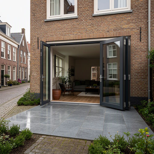 Kunststof schuifpui die leidt naar een zonnige stadstuin in Leiden